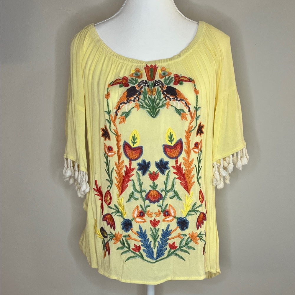 Umgee Yellow Embroidered Boho Tunic with Tassel Trim